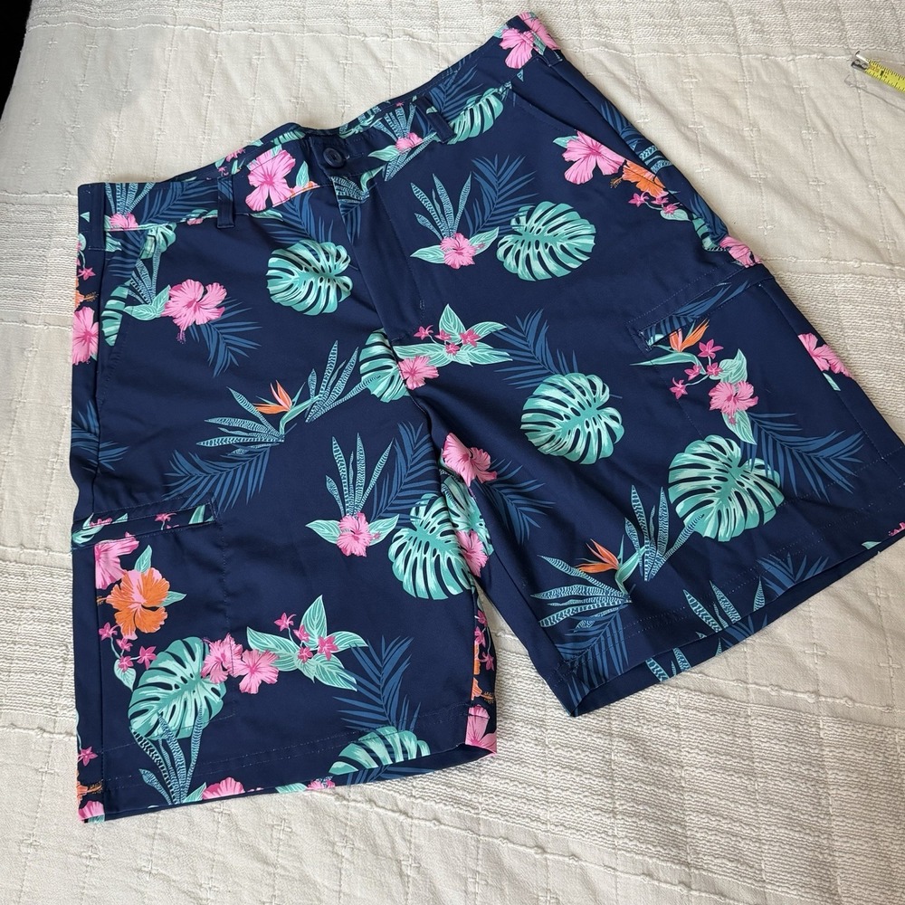 Birdie Bound mens Tropical Golf Shorts size 34 blue green pink flowers 9" Inseam
